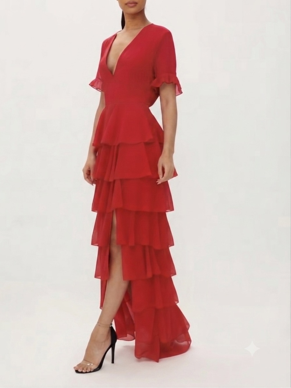 PrettyLittleThing Red Tiered Ruffle High Low Maxi Dress US 6 NWT